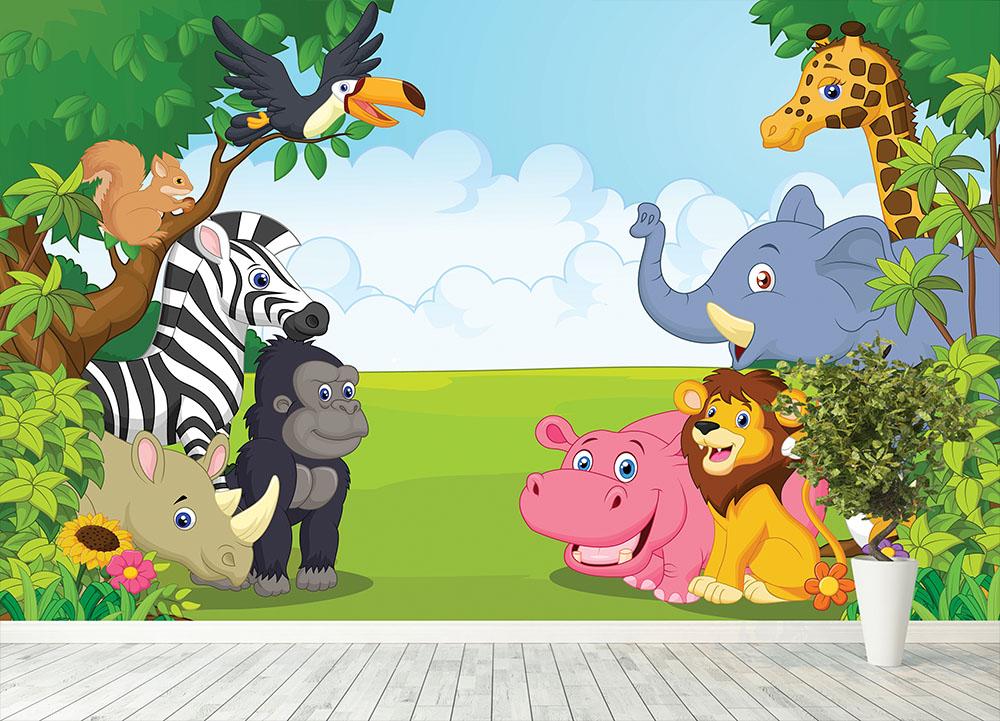 Cartoon collection animal in the jungle Wall Mural Wallpaper - Canvas Art Rocks - 4