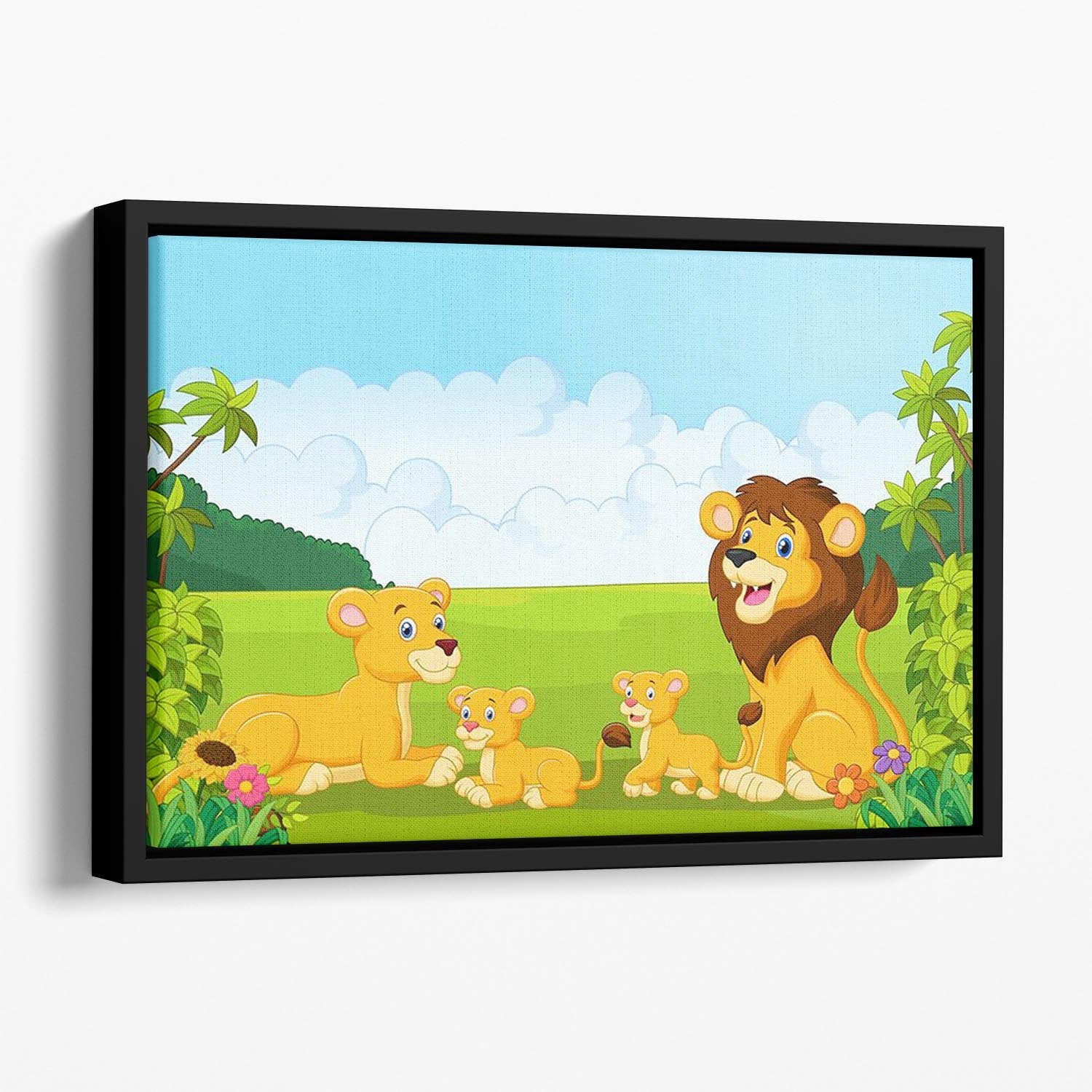 Cartoon lion family Floating Framed Canvas - Canvas Art Rocks - 1