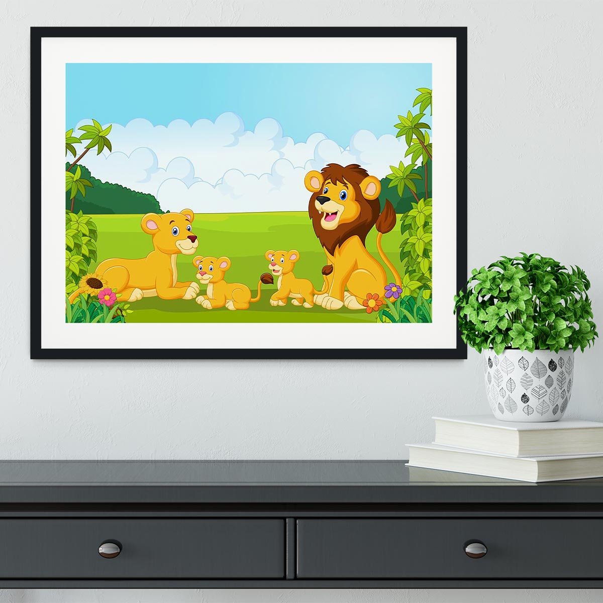 Cartoon lion family Framed Print - Canvas Art Rocks - 1