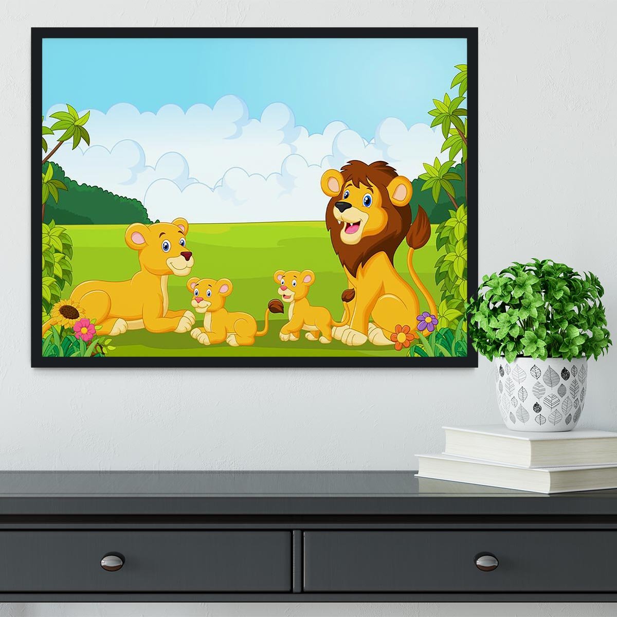 Cartoon lion family Framed Print - Canvas Art Rocks - 2