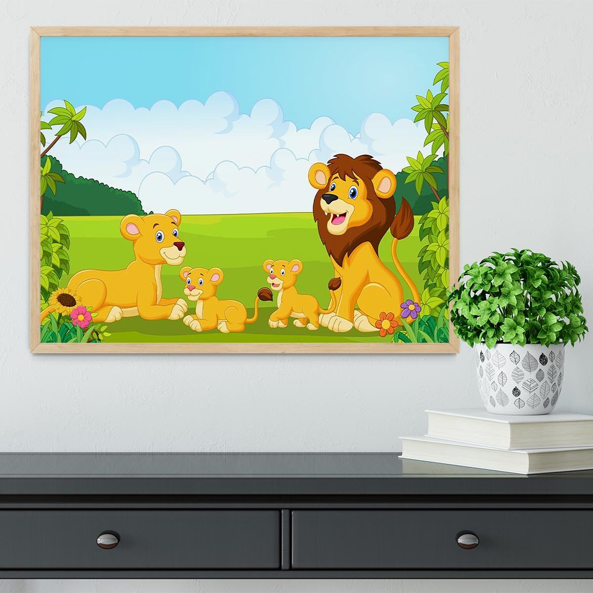 Cartoon lion family Framed Print - Canvas Art Rocks - 4