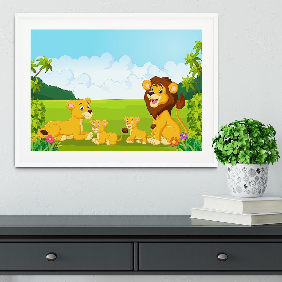 Cartoon lion family Framed Print - Canvas Art Rocks - 5
