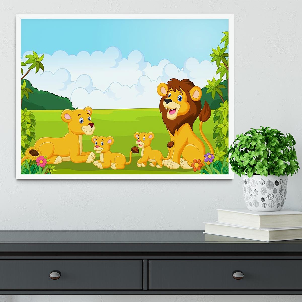 Cartoon lion family Framed Print - Canvas Art Rocks -6