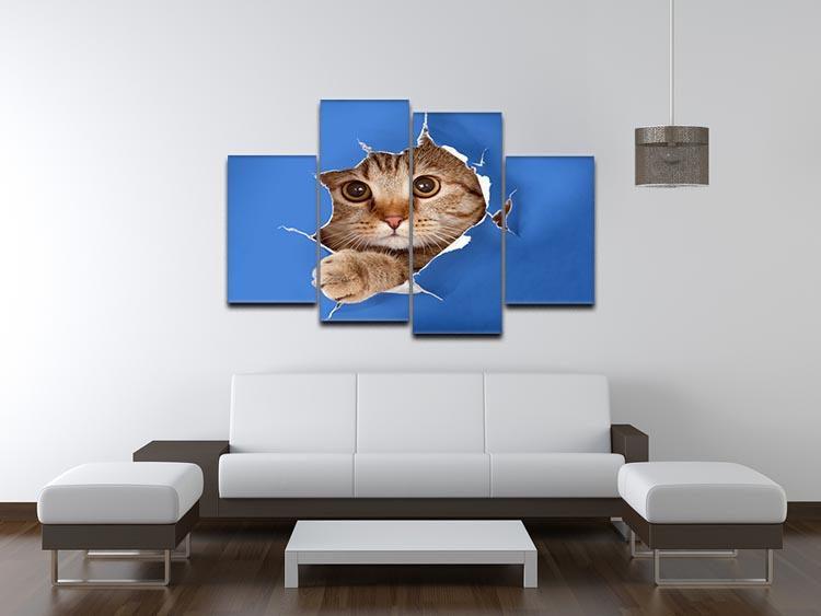 Cat in blue chromakey paper hole 4 Split Panel Canvas - Canvas Art Rocks - 3