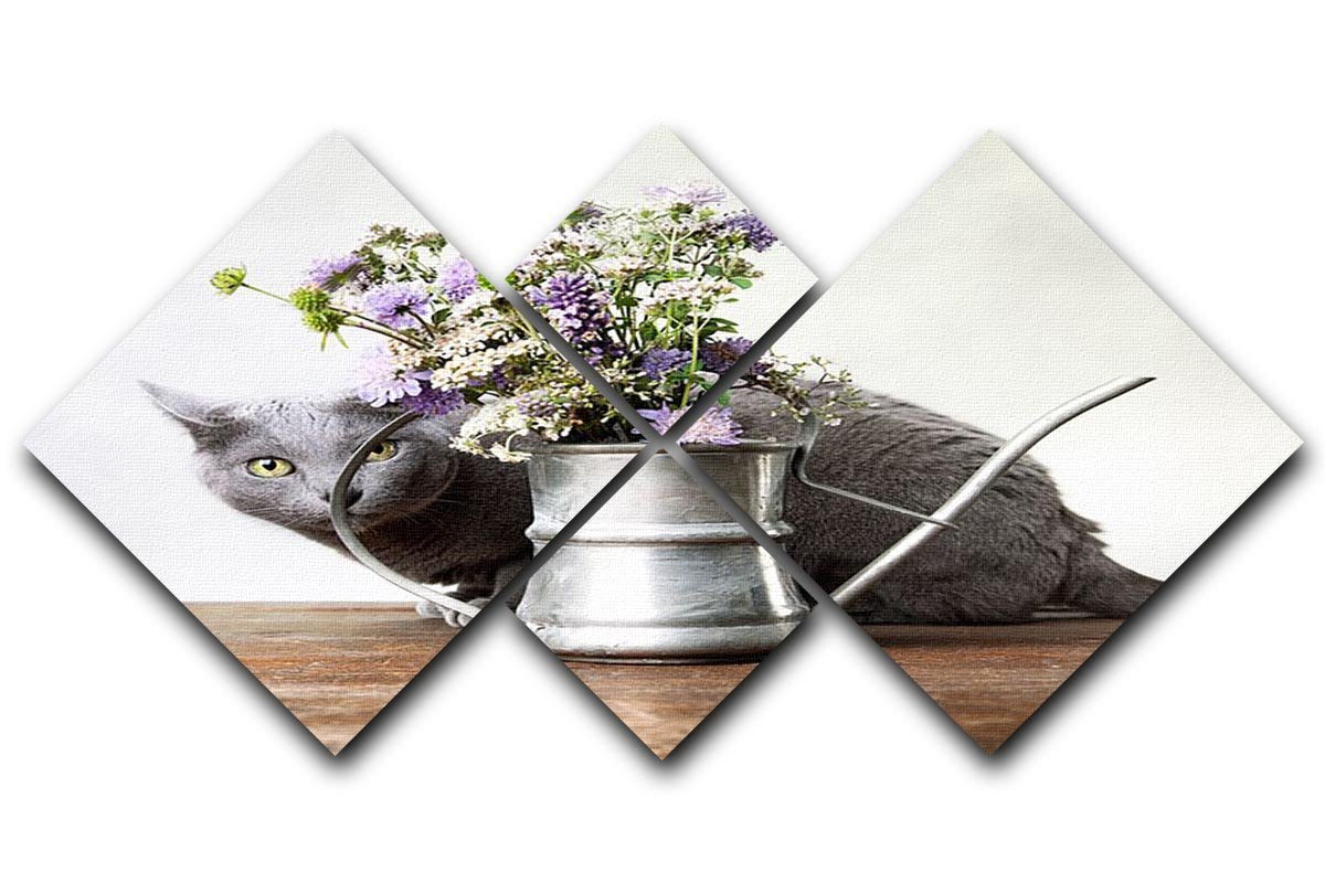 Cat with Flowers in old decorative watering can 4 Square Multi Panel Canvas - Canvas Art Rocks - 1