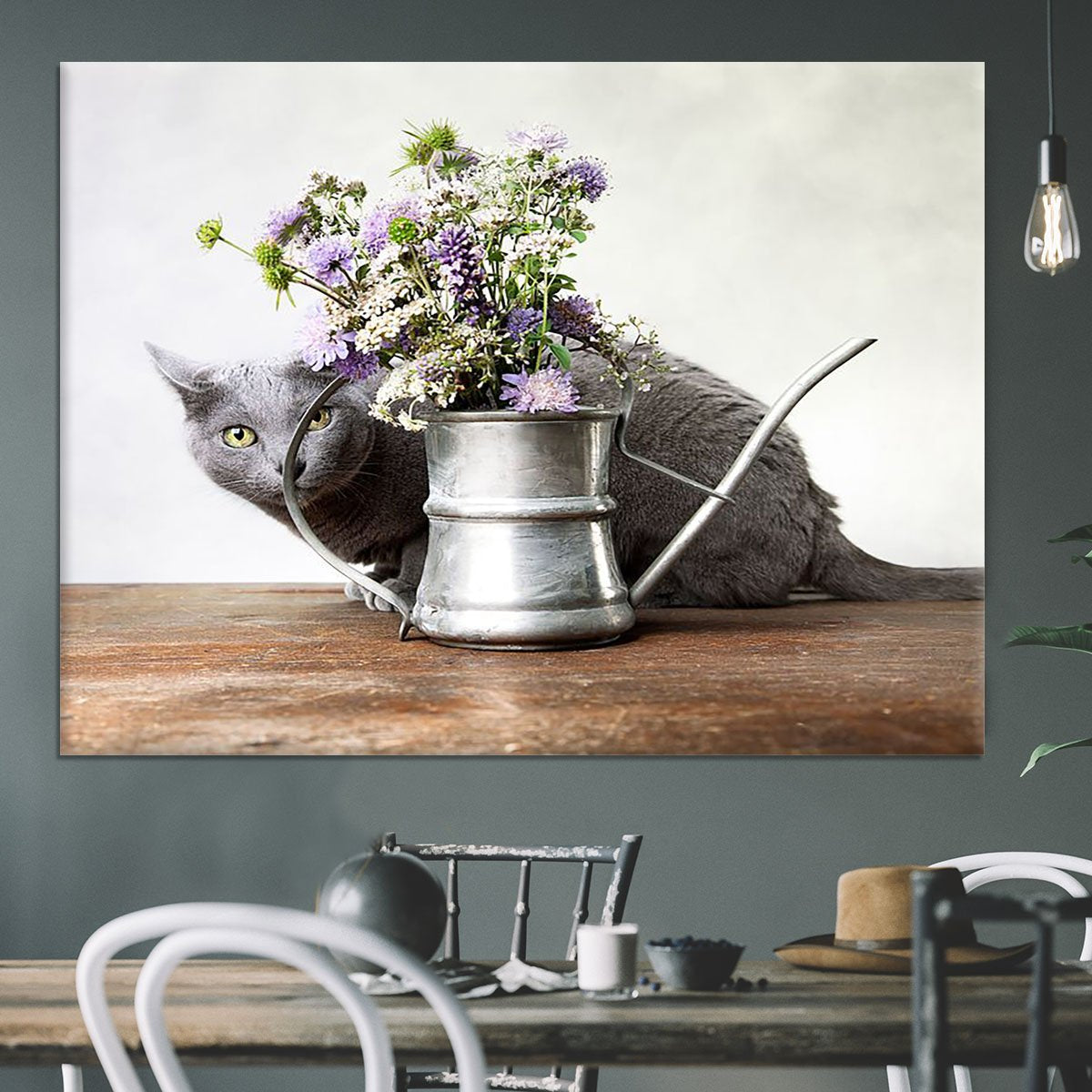 Cat with Flowers in old decorative watering can Canvas Print or Poster