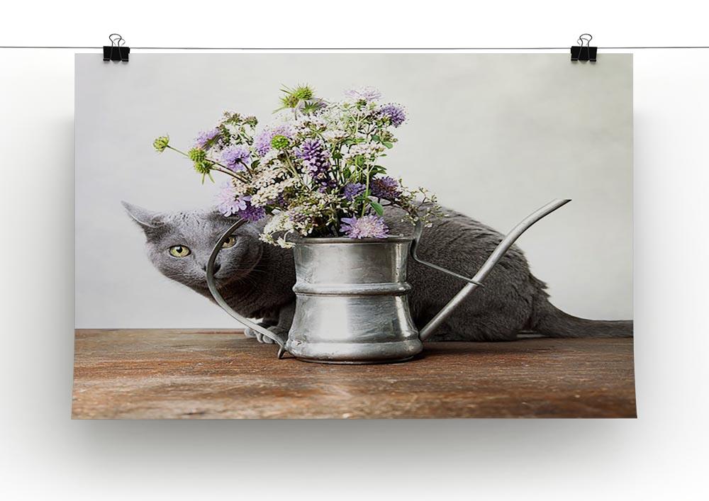 Cat with Flowers in old decorative watering can Canvas Print or Poster - Canvas Art Rocks - 2