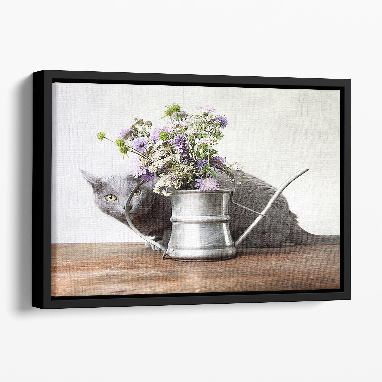 Cat with Flowers in old decorative watering can Floating Framed Canvas - Canvas Art Rocks - 1