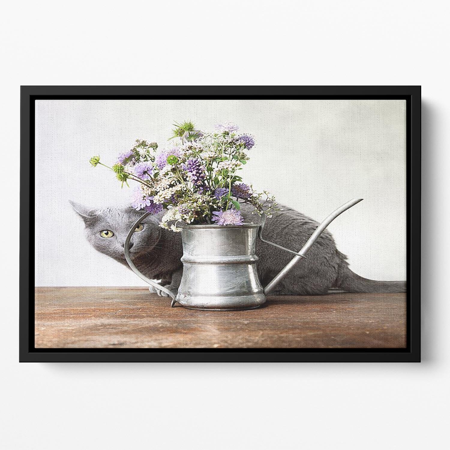 Cat with Flowers in old decorative watering can Floating Framed Canvas - Canvas Art Rocks - 2