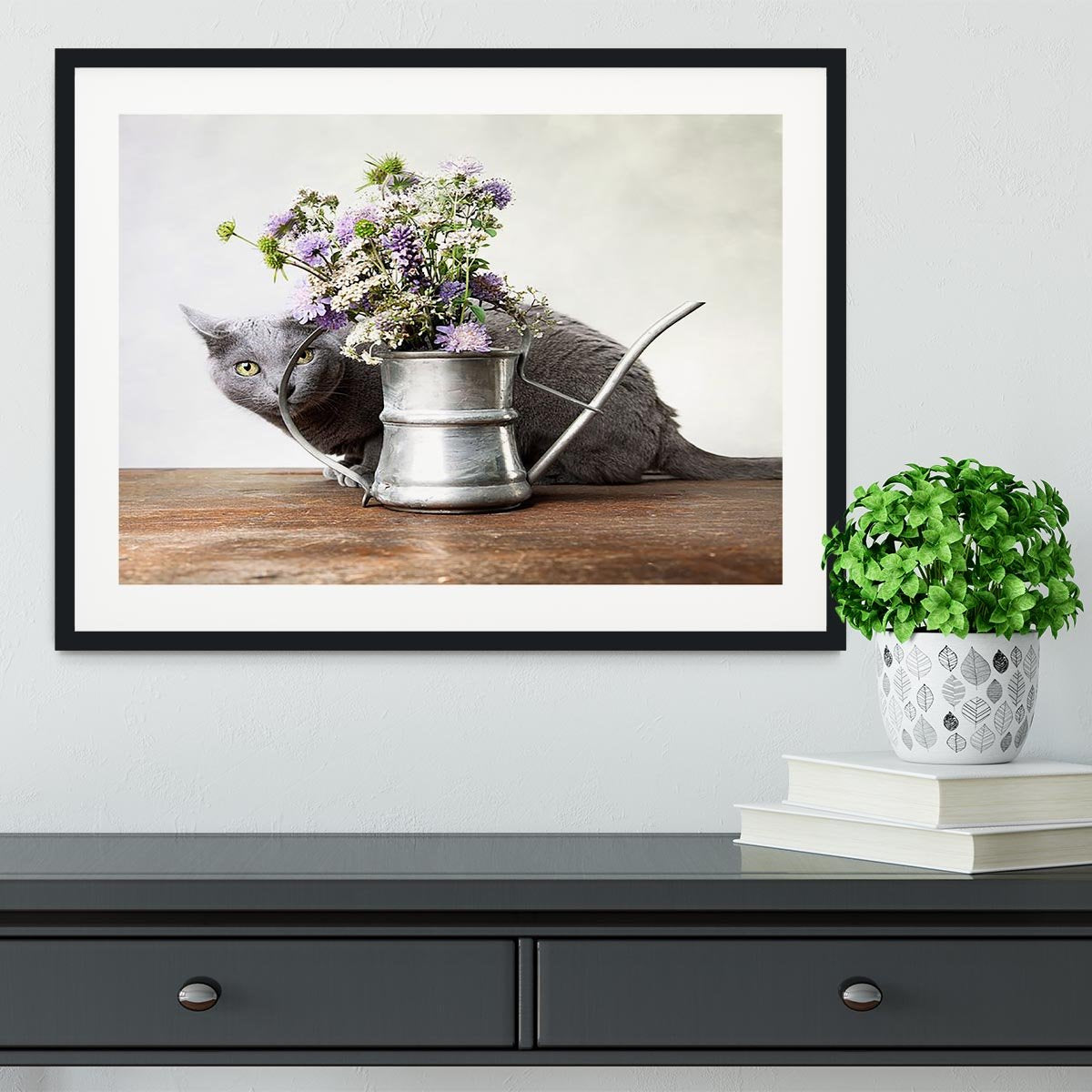 Cat with Flowers in old decorative watering can Framed Print - Canvas Art Rocks - 1