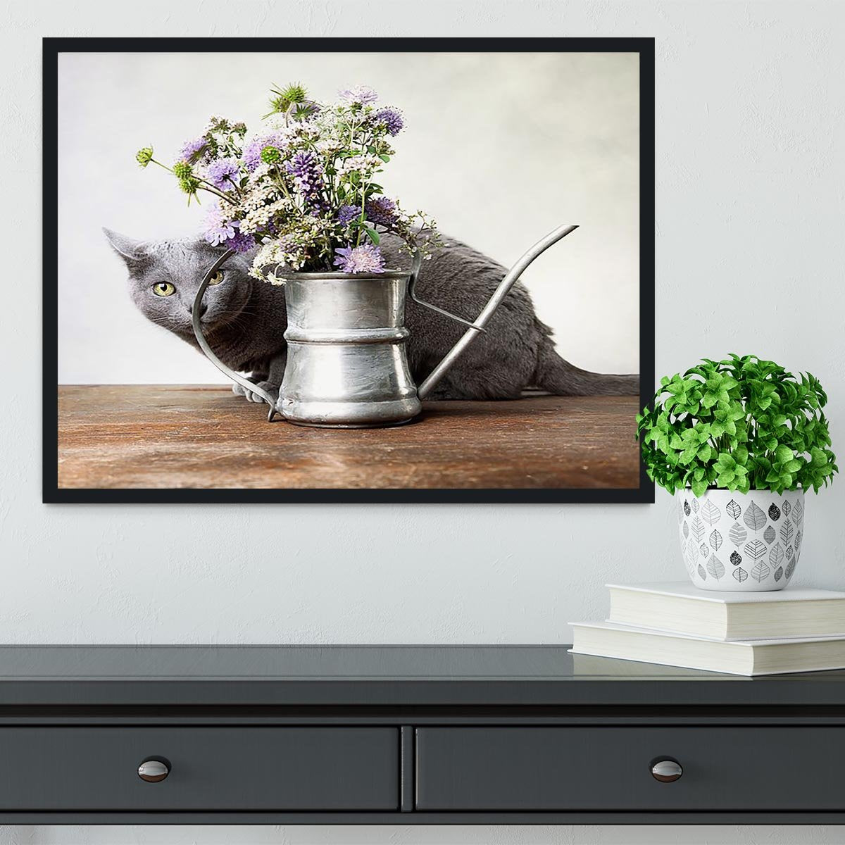 Cat with Flowers in old decorative watering can Framed Print - Canvas Art Rocks - 2