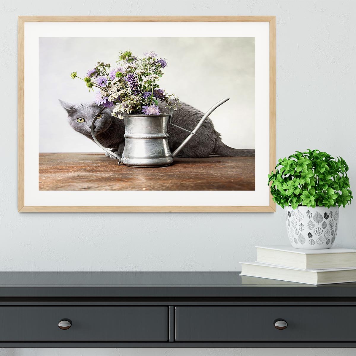 Cat with Flowers in old decorative watering can Framed Print - Canvas Art Rocks - 3