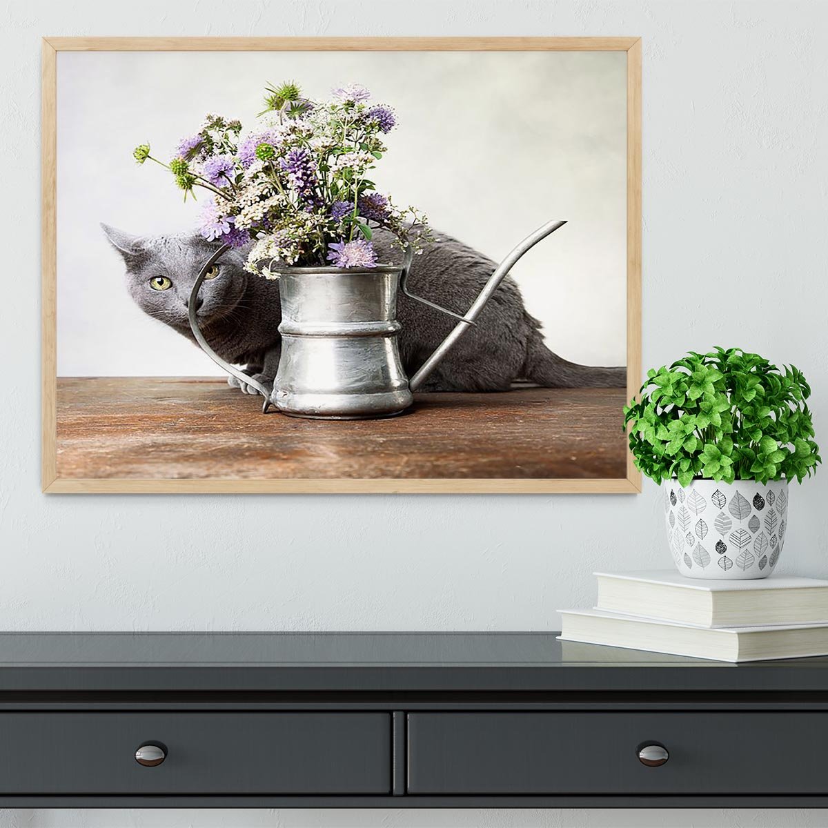 Cat with Flowers in old decorative watering can Framed Print - Canvas Art Rocks - 4