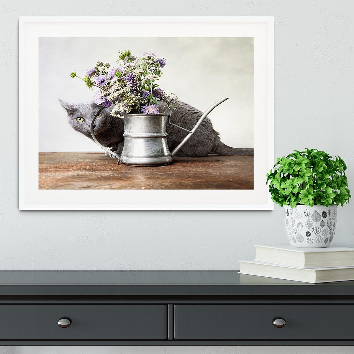 Cat with Flowers in old decorative watering can Framed Print - Canvas Art Rocks - 5