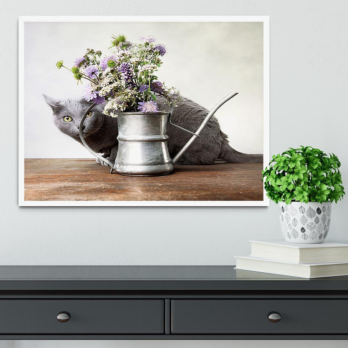 Cat with Flowers in old decorative watering can Framed Print - Canvas Art Rocks -6