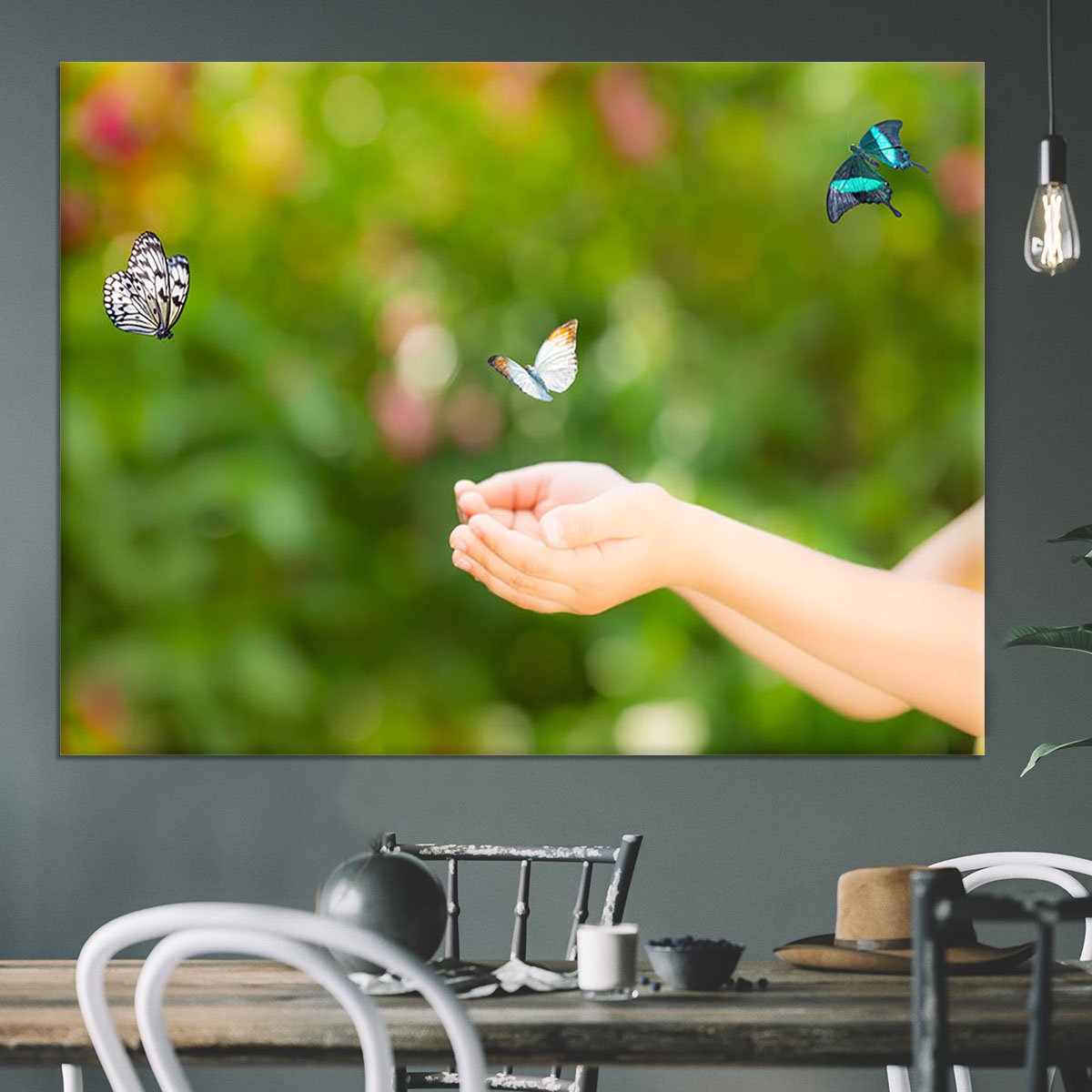 Children hands and flying butterfly Canvas Print or Poster