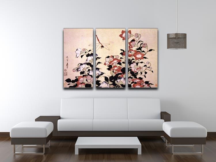 Chinese bell flower and dragon-fly by Hokusai 3 Split Panel Canvas Print - Canvas Art Rocks - 3