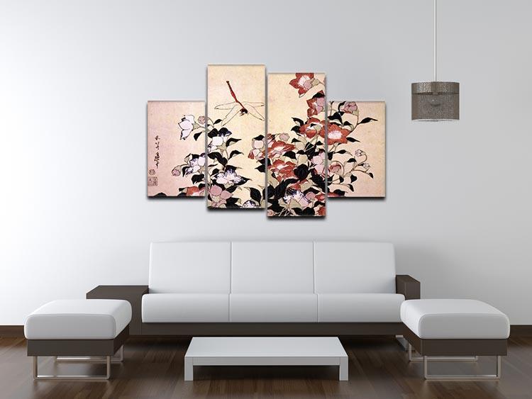 Chinese bell flower and dragon-fly by Hokusai 4 Split Panel Canvas - Canvas Art Rocks - 3
