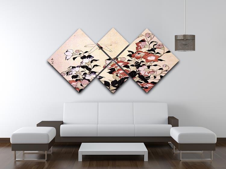 Chinese bell flower and dragon-fly by Hokusai 4 Square Multi Panel Canvas - Canvas Art Rocks - 3