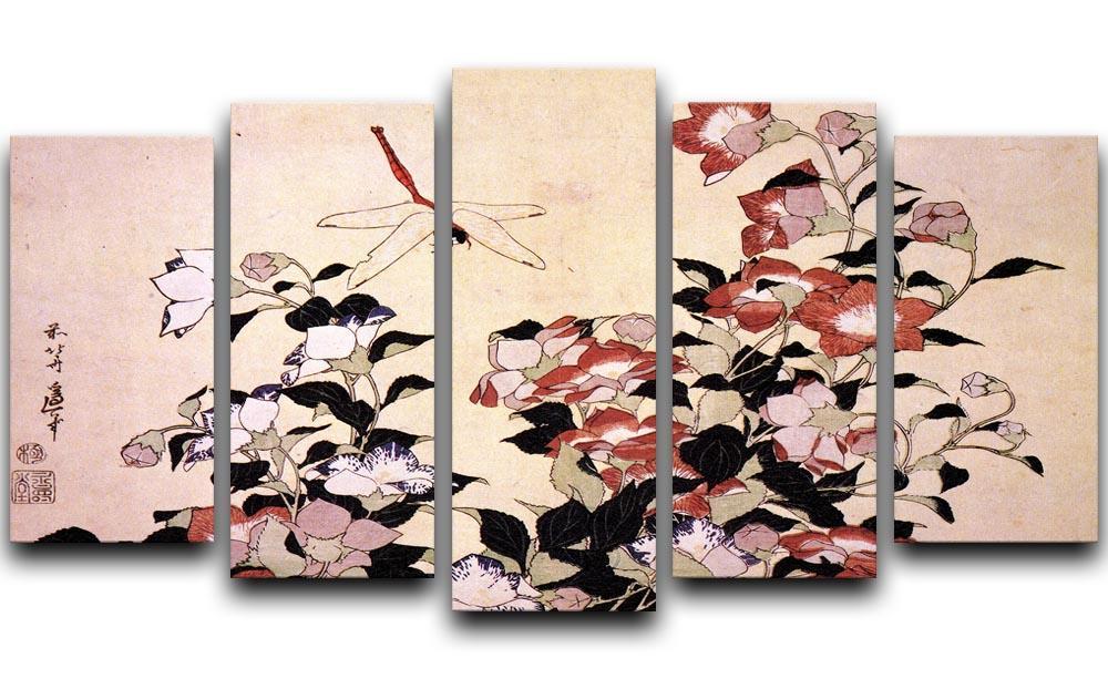 Chinese bell flower and dragon-fly by Hokusai 5 Split Panel Canvas  - Canvas Art Rocks - 1