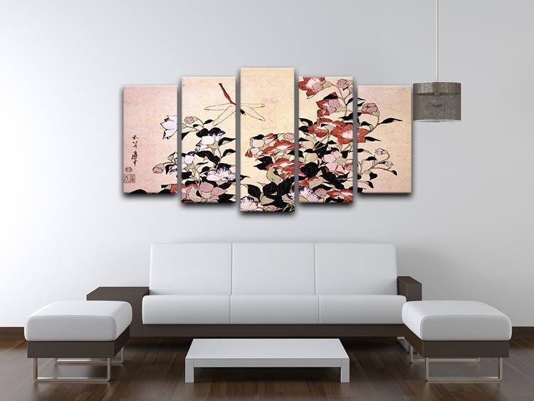 Chinese bell flower and dragon-fly by Hokusai 5 Split Panel Canvas - Canvas Art Rocks - 3