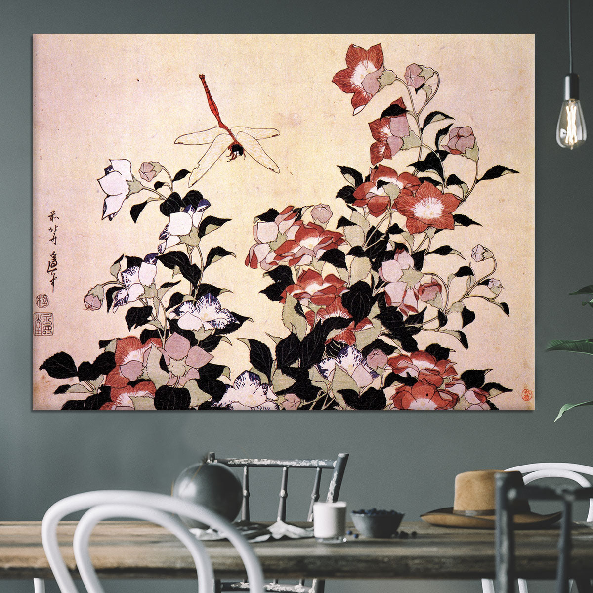 Chinese bell flower and dragon-fly by Hokusai Canvas Print or Poster - Canvas Art Rocks - 3