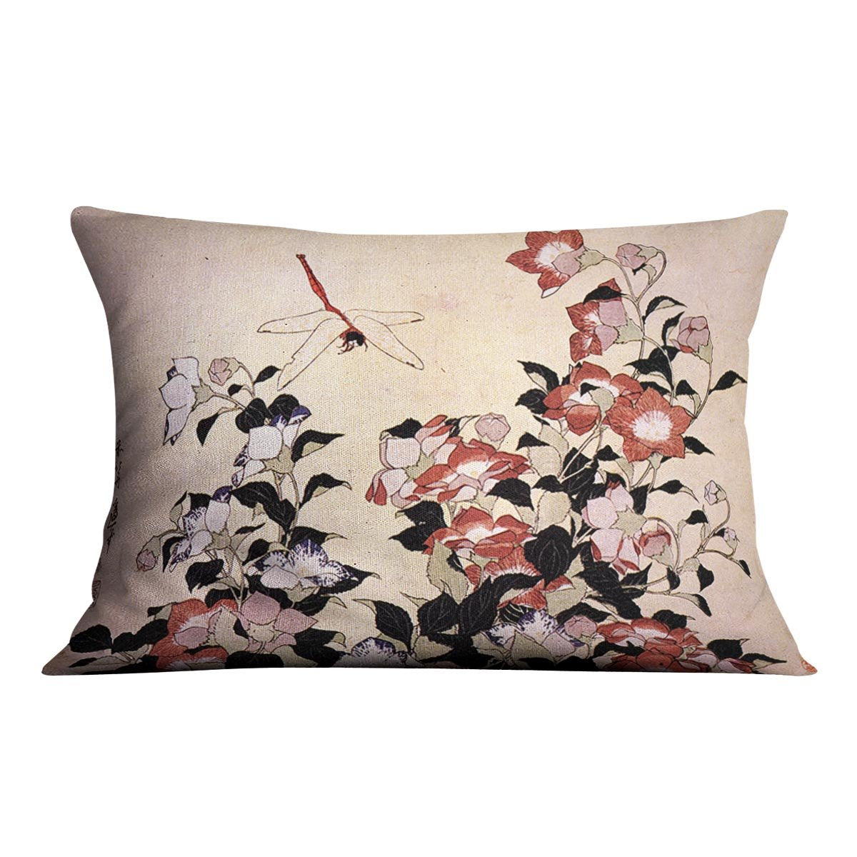 Chinese bell flower and dragon-fly by Hokusai Throw Pillow