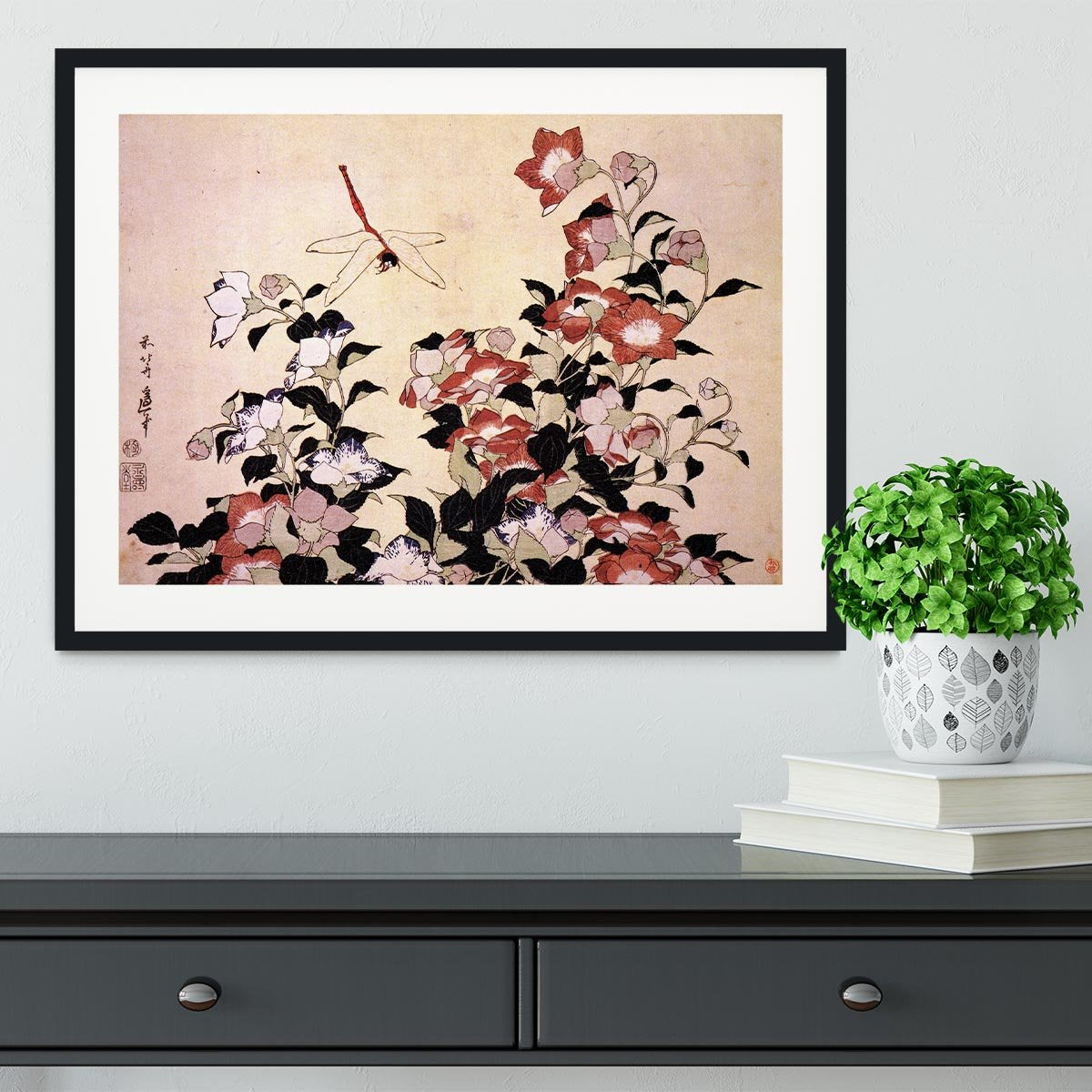 Chinese bell flower and dragon-fly by Hokusai Framed Print - Canvas Art Rocks - 1