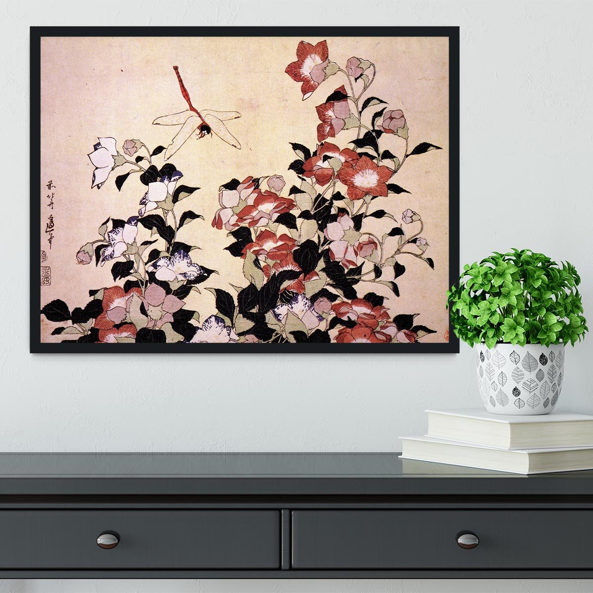 Chinese bell flower and dragon-fly by Hokusai Framed Print - Canvas Art Rocks - 2