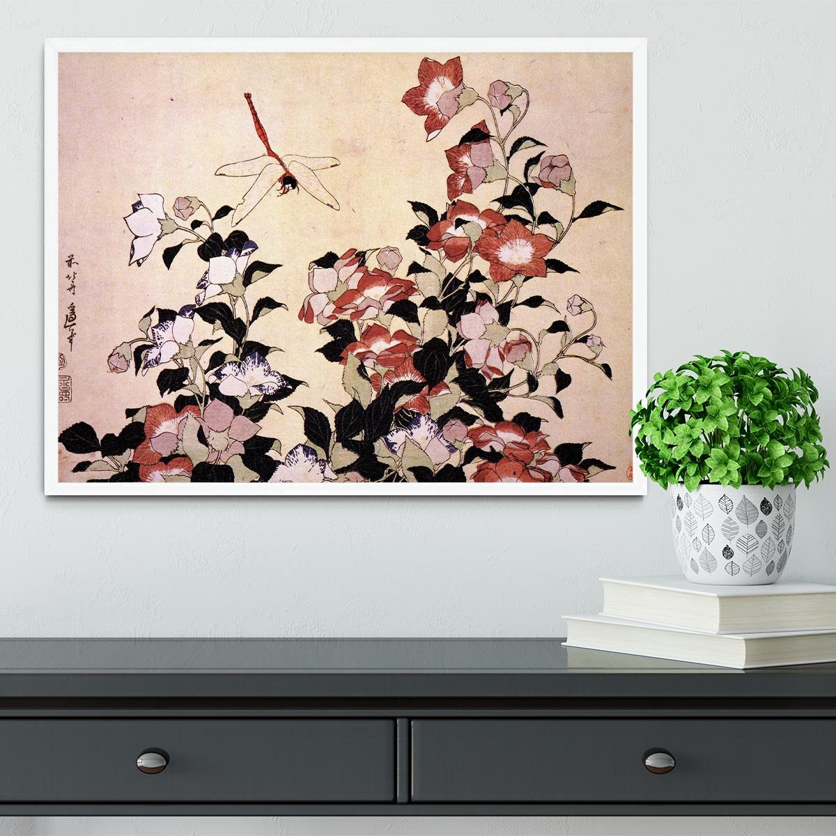 Chinese bell flower and dragon-fly by Hokusai Framed Print - Canvas Art Rocks -6