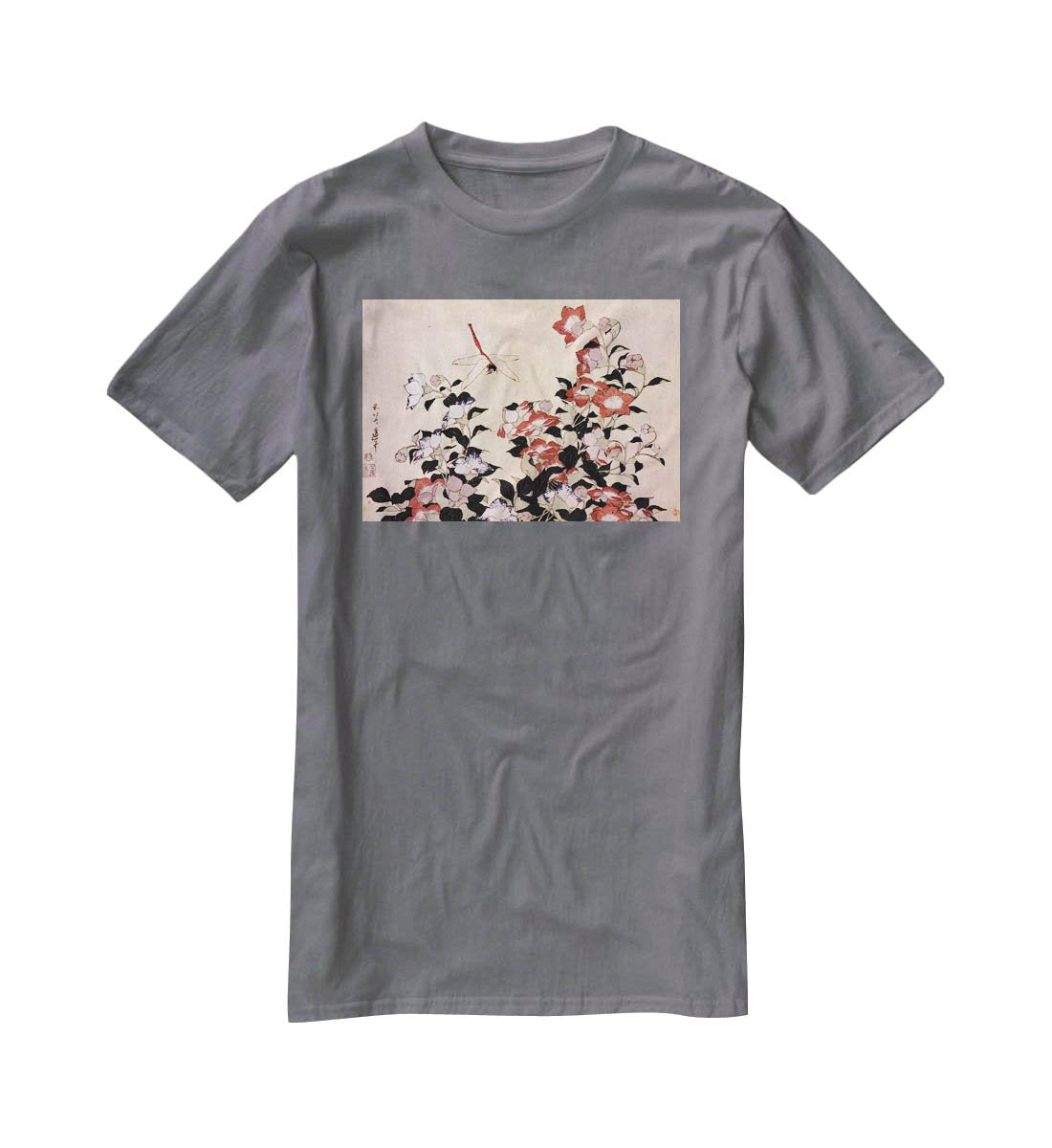 Chinese bell flower and dragon-fly by Hokusai T-Shirt - Canvas Art Rocks - 3