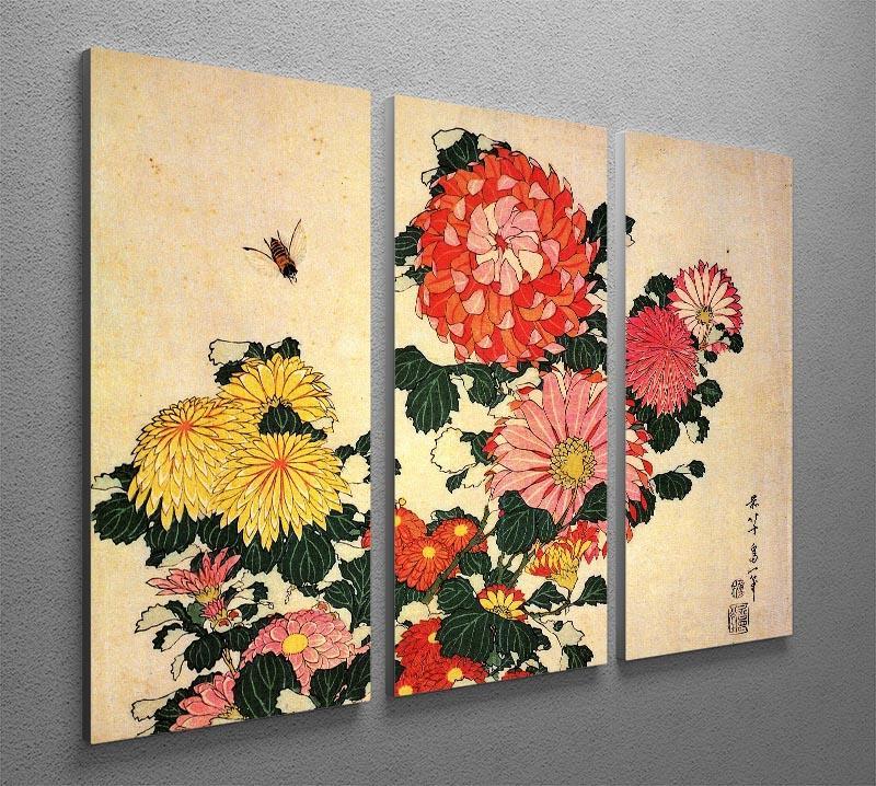 Chrysanthemum and bee by Hokusai 3 Split Panel Canvas Print - Canvas Art Rocks - 2