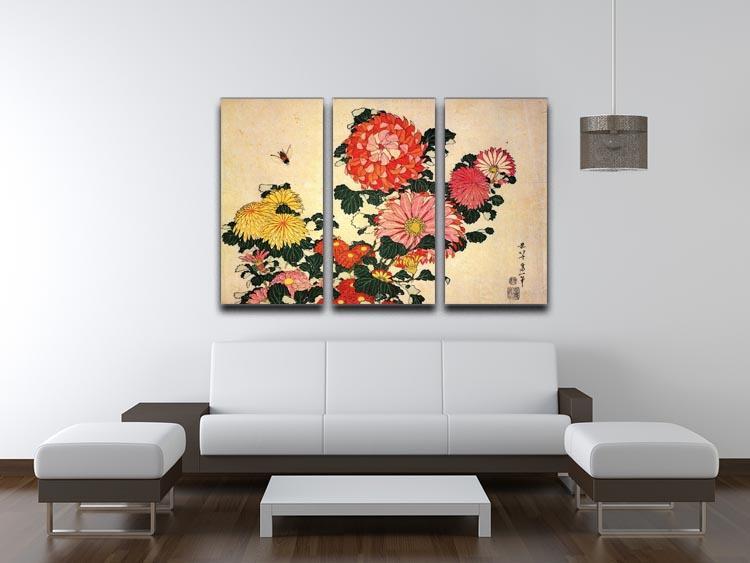 Chrysanthemum and bee by Hokusai 3 Split Panel Canvas Print - Canvas Art Rocks - 3