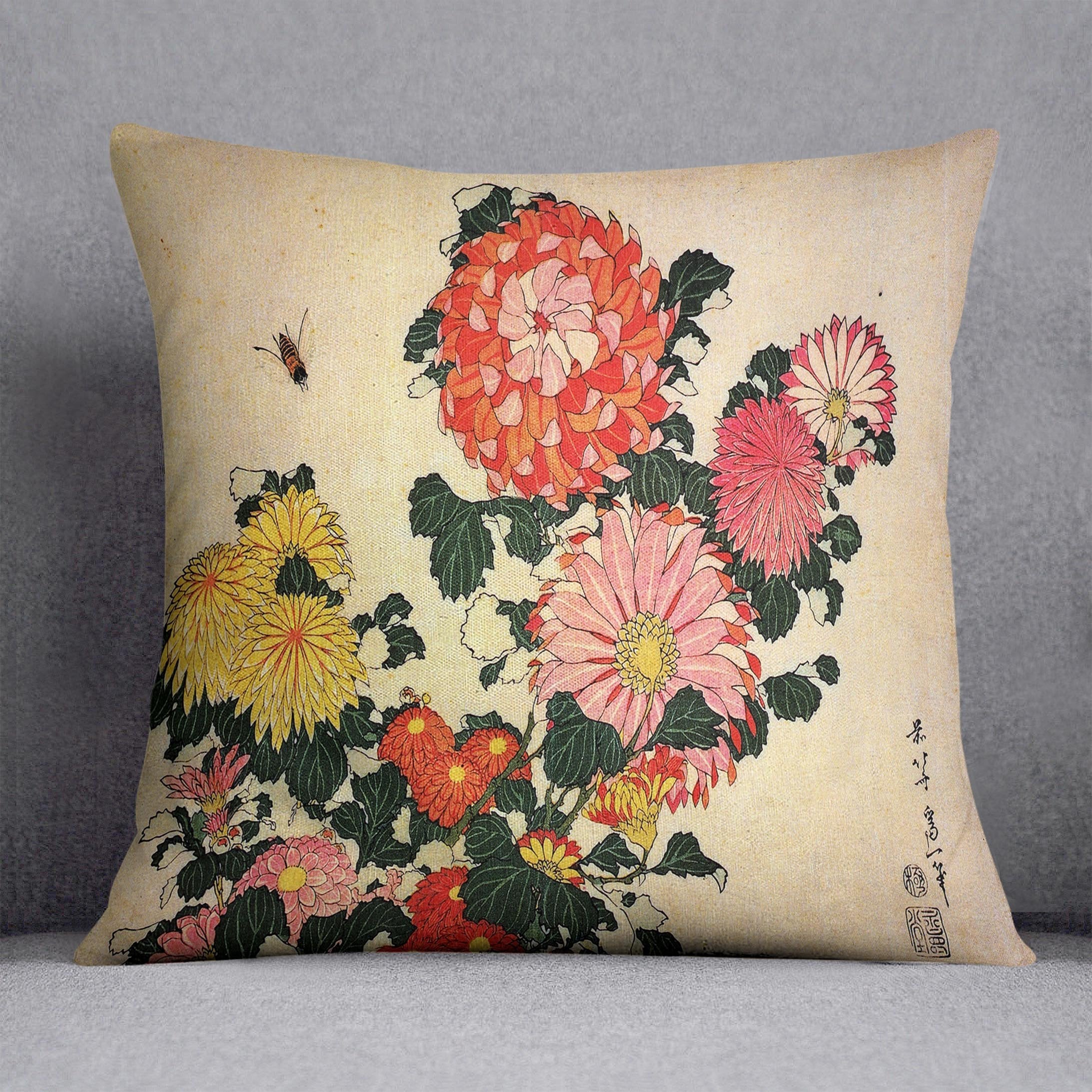 Chrysanthemum and bee by Hokusai Throw Pillow