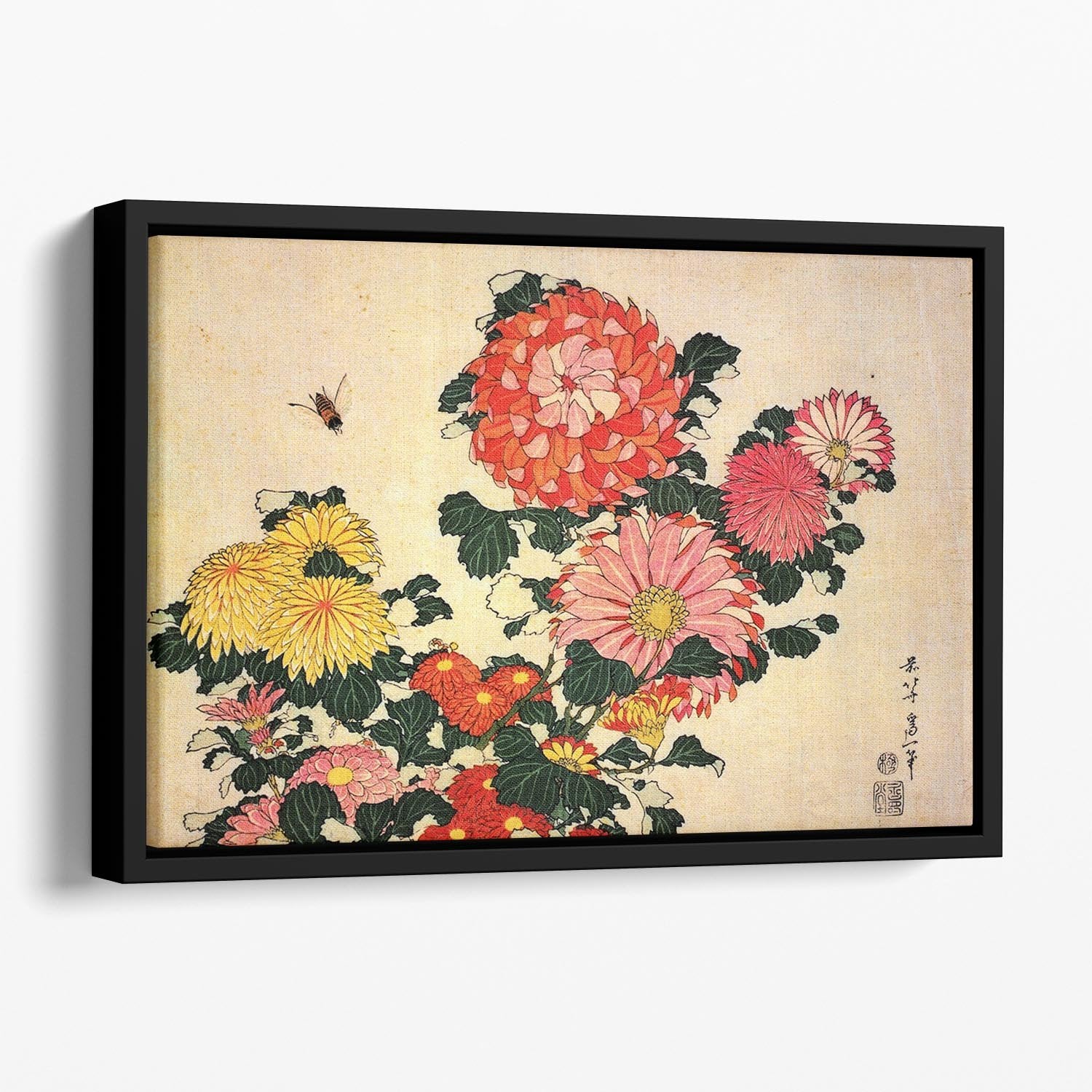 Chrysanthemum and bee by Hokusai Floating Framed Canvas