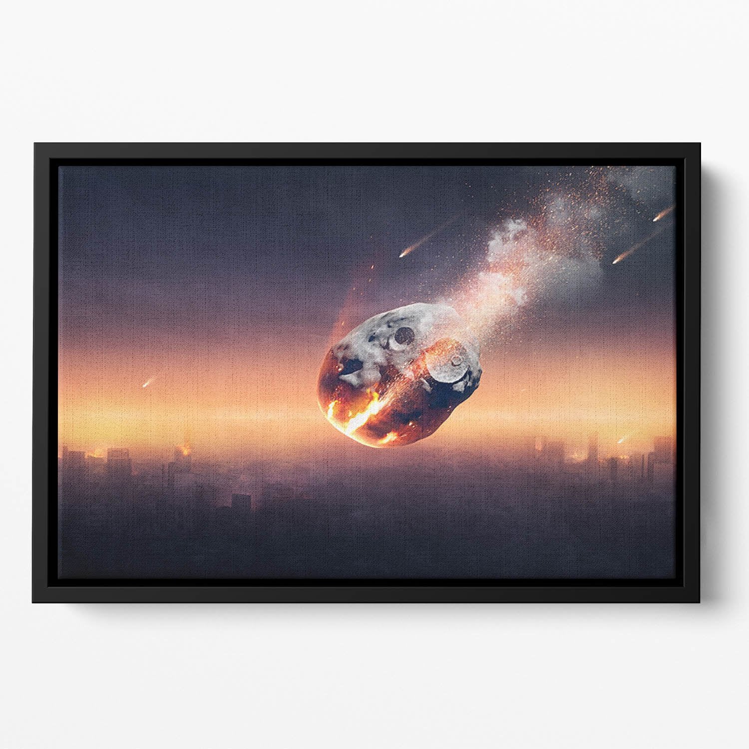 City on earth destroyed by meteor shower Floating Framed Canvas