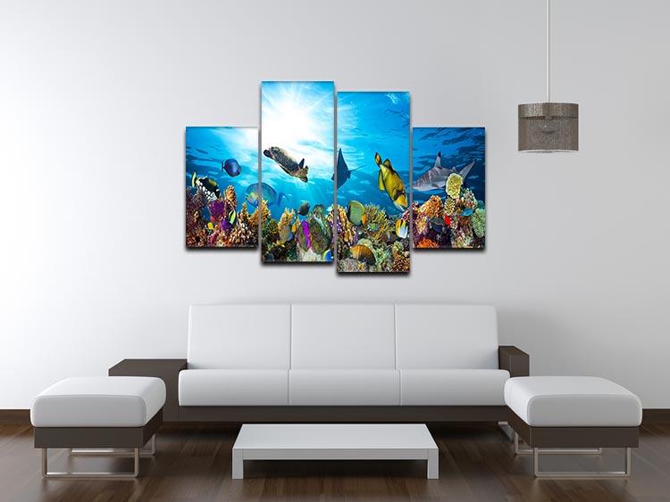 Colorful coral reef with many fishes and sea turtle 4 Split Panel Canvas - Canvas Art Rocks - 3