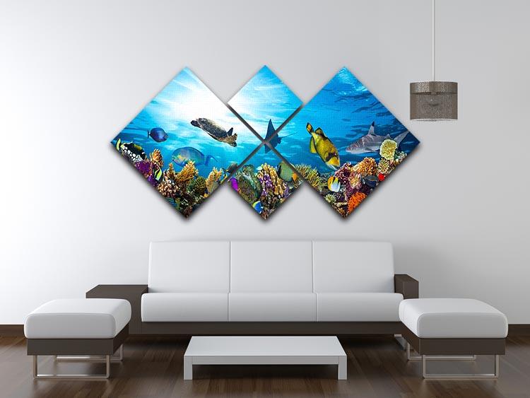 Colorful coral reef with many fishes and sea turtle 4 Square Multi Panel Canvas - Canvas Art Rocks - 3