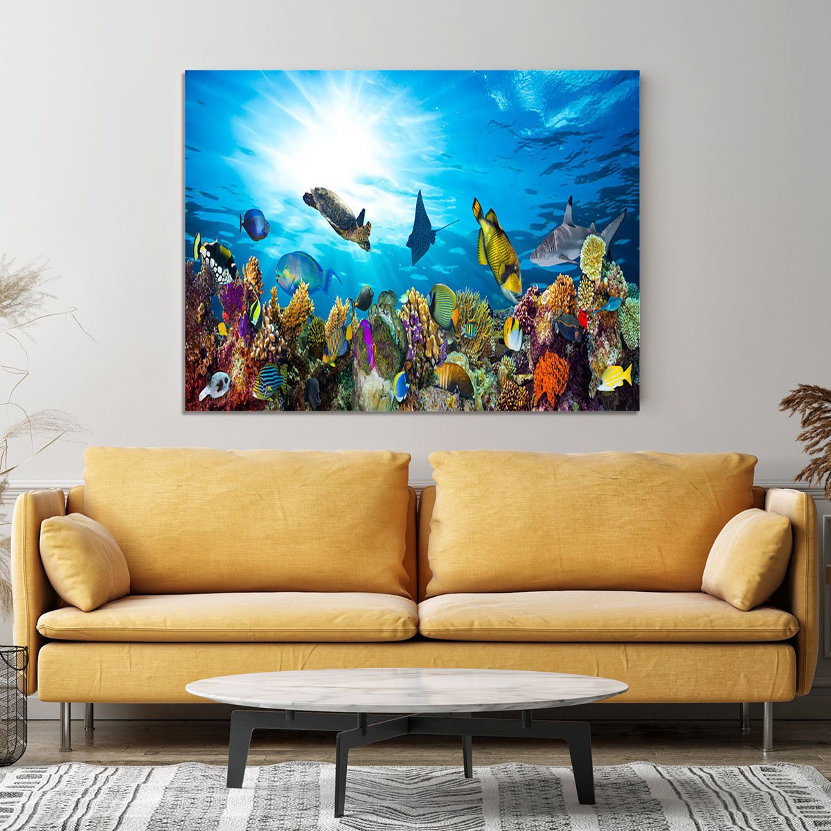 Colorful coral reef with many fishes and sea turtle Canvas Print or Poster