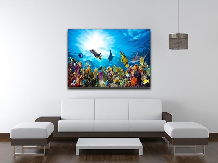 Colorful coral reef with many fishes and sea turtle Canvas Print or Poster - Canvas Art Rocks - 4