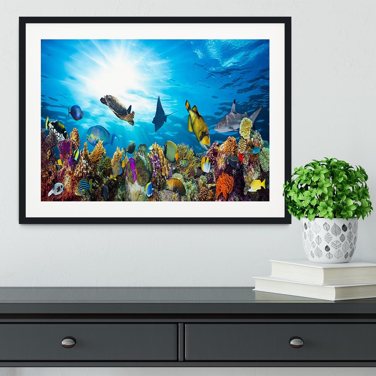 Colorful coral reef with many fishes and sea turtle Framed Print - Canvas Art Rocks - 1