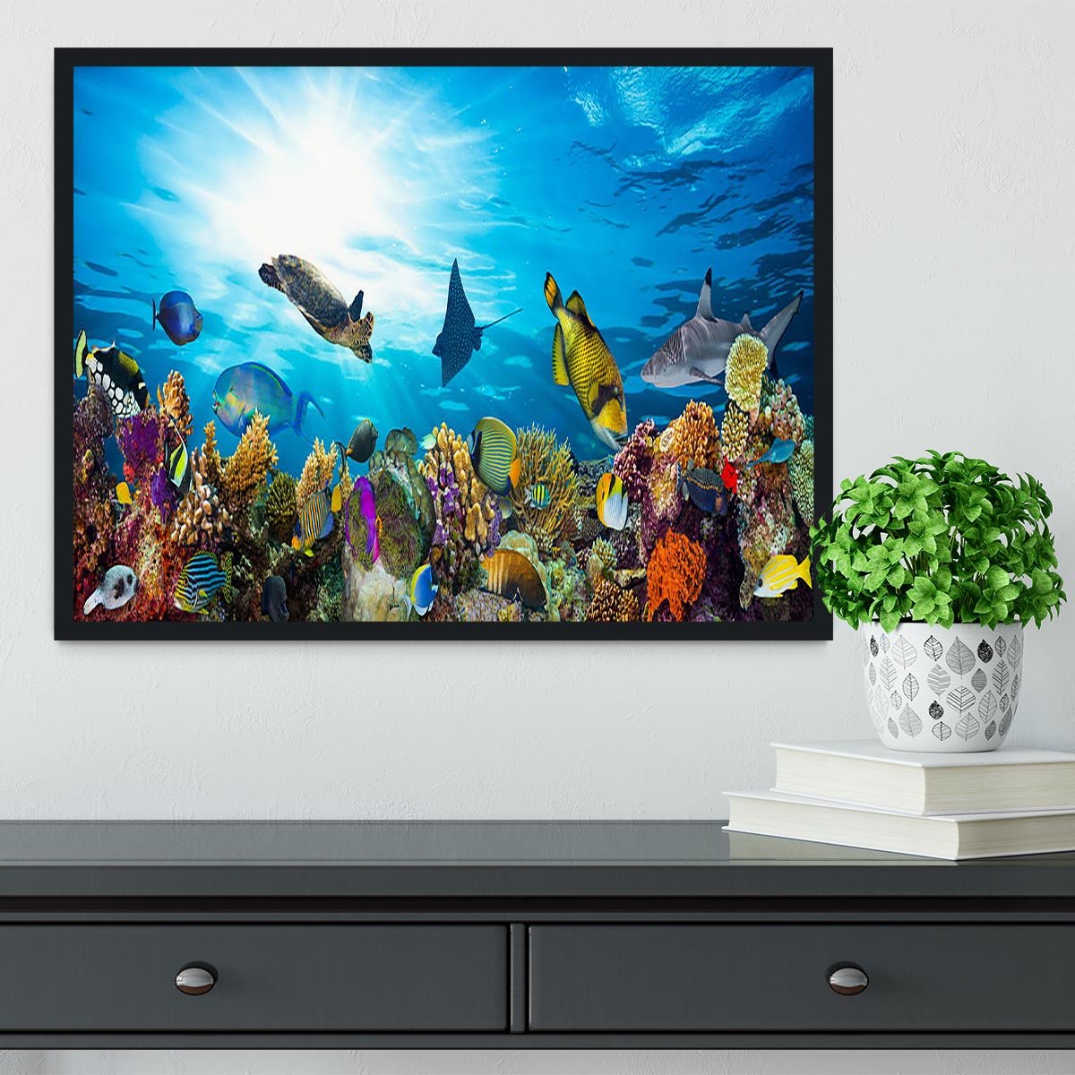 Colorful coral reef with many fishes and sea turtle Framed Print - Canvas Art Rocks - 2