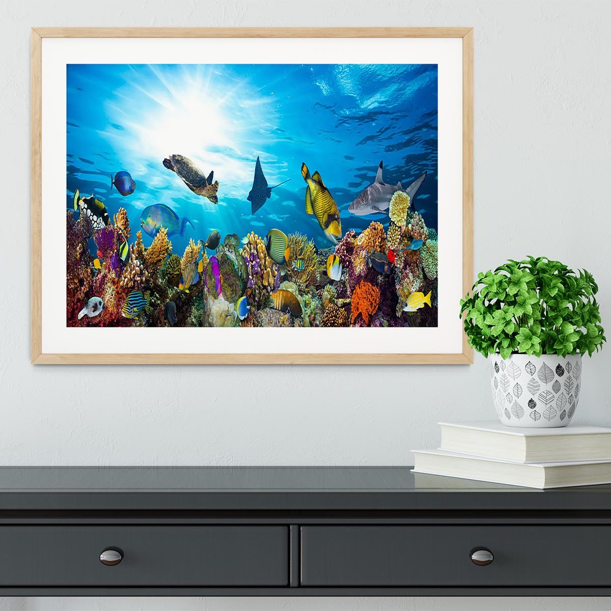 Colorful coral reef with many fishes and sea turtle Framed Print - Canvas Art Rocks - 3