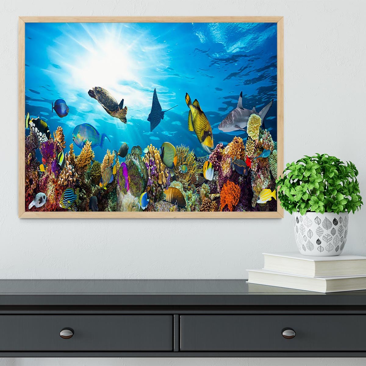 Colorful coral reef with many fishes and sea turtle Framed Print - Canvas Art Rocks - 4