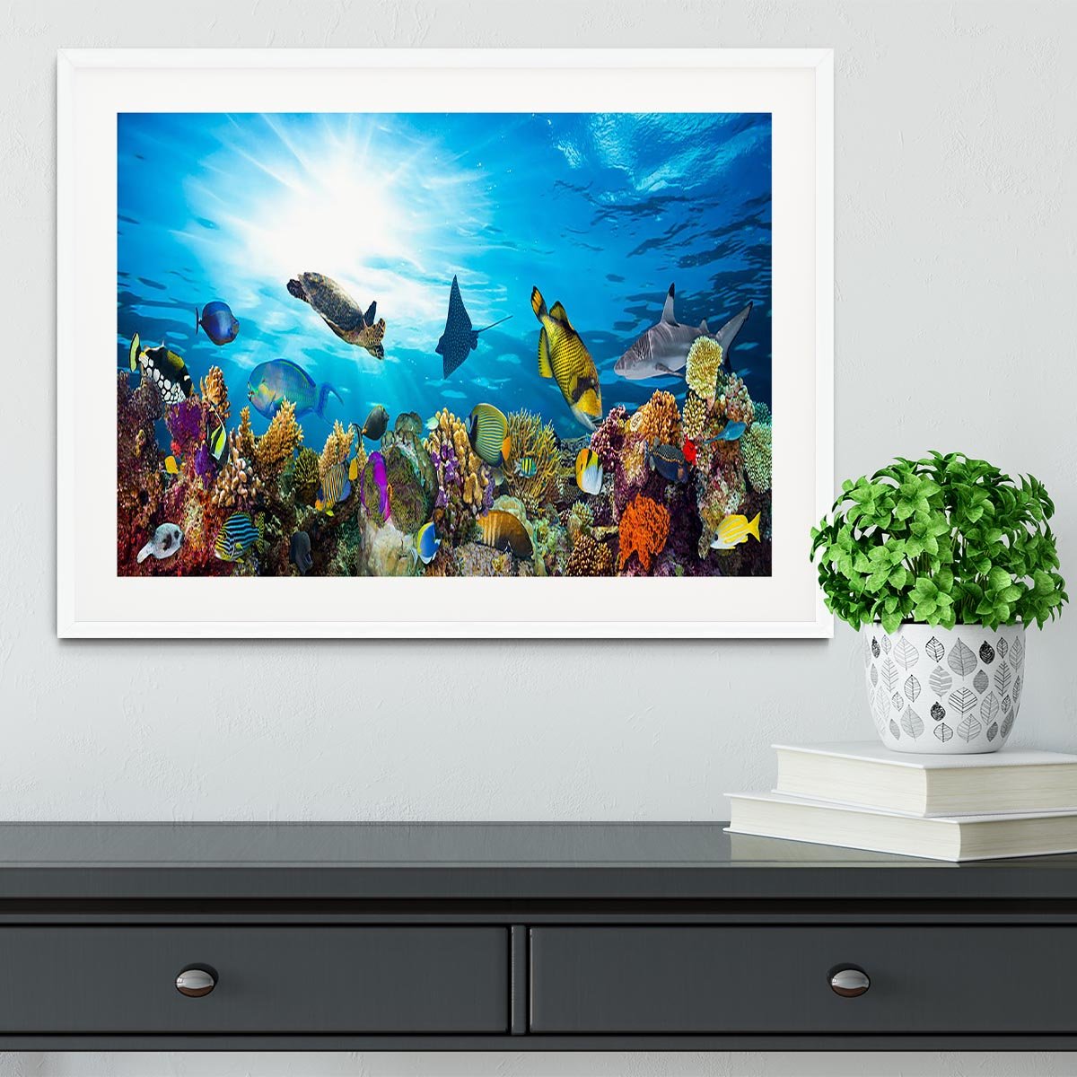 Colorful coral reef with many fishes and sea turtle Framed Print - Canvas Art Rocks - 5
