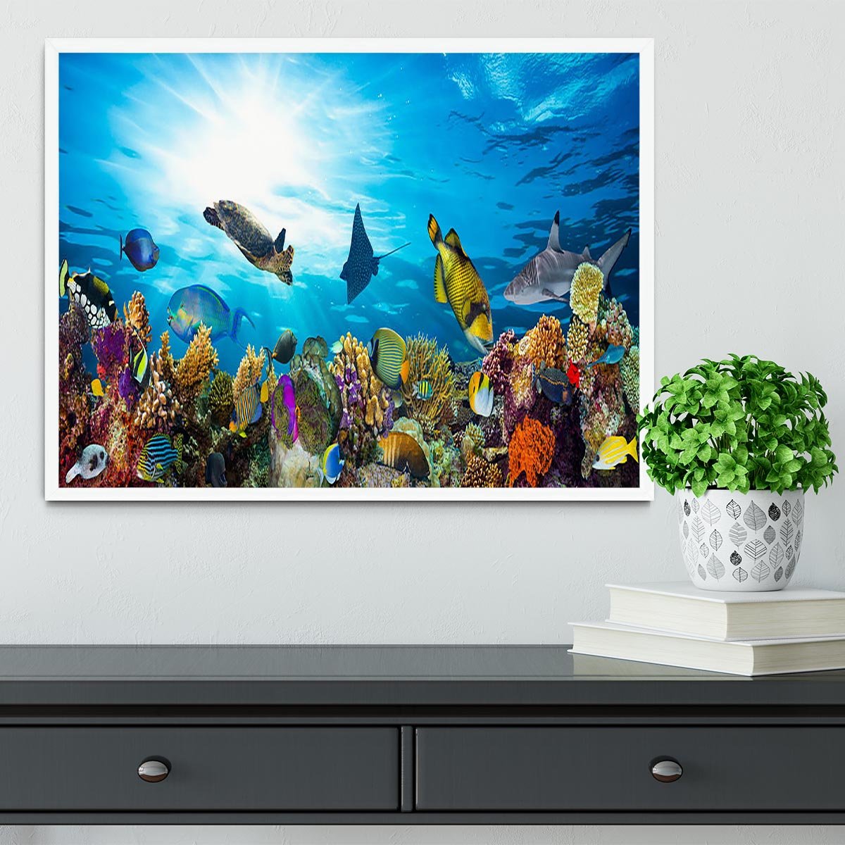 Colorful coral reef with many fishes and sea turtle Framed Print - Canvas Art Rocks -6