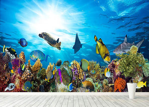 Colorful coral reef with many fishes and sea turtle Wall Mural Wallpaper - Canvas Art Rocks - 4