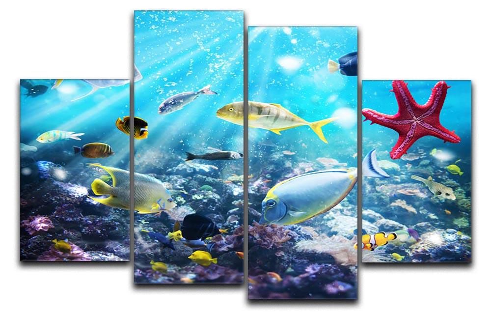 Colourful fish and marine vegetation undersea with sunray 4 Split Panel Canvas - Canvas Art Rocks - 1