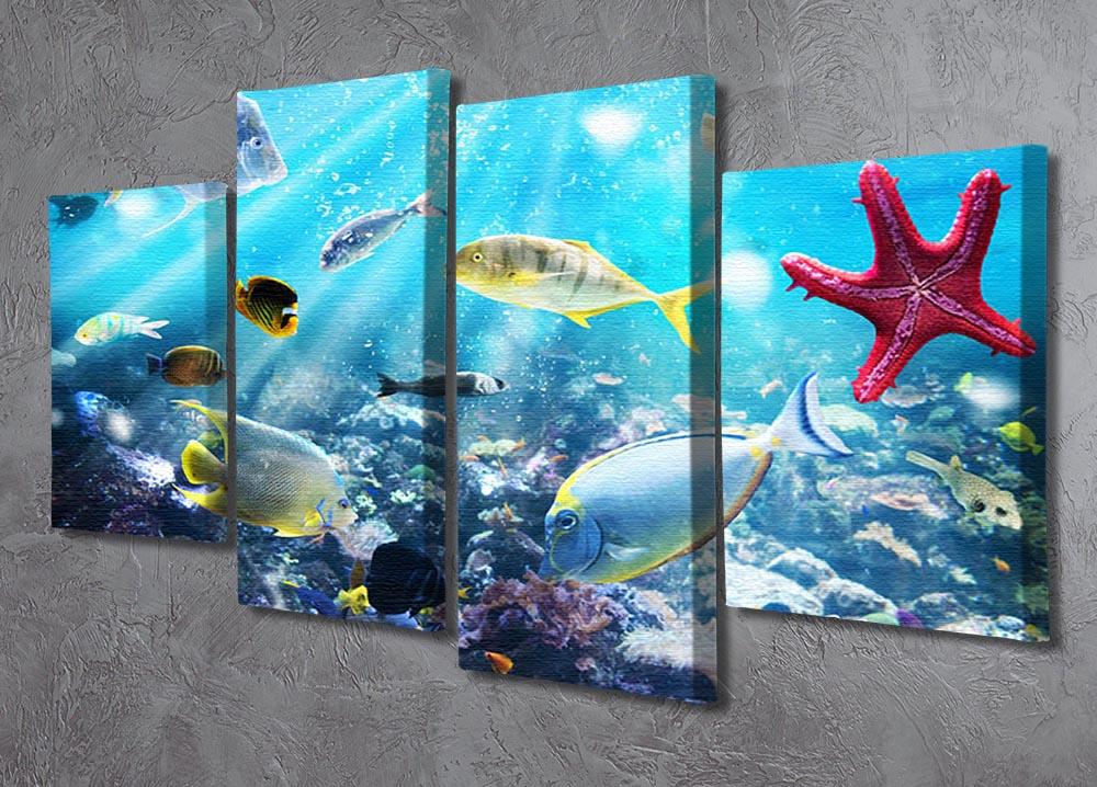 Colourful fish and marine vegetation undersea with sunray 4 Split Panel Canvas - Canvas Art Rocks - 2