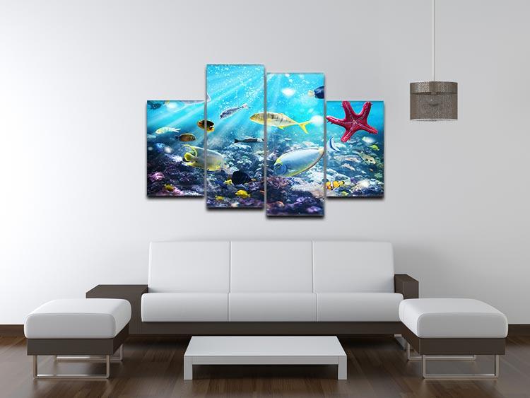 Colourful fish and marine vegetation undersea with sunray 4 Split Panel Canvas - Canvas Art Rocks - 3